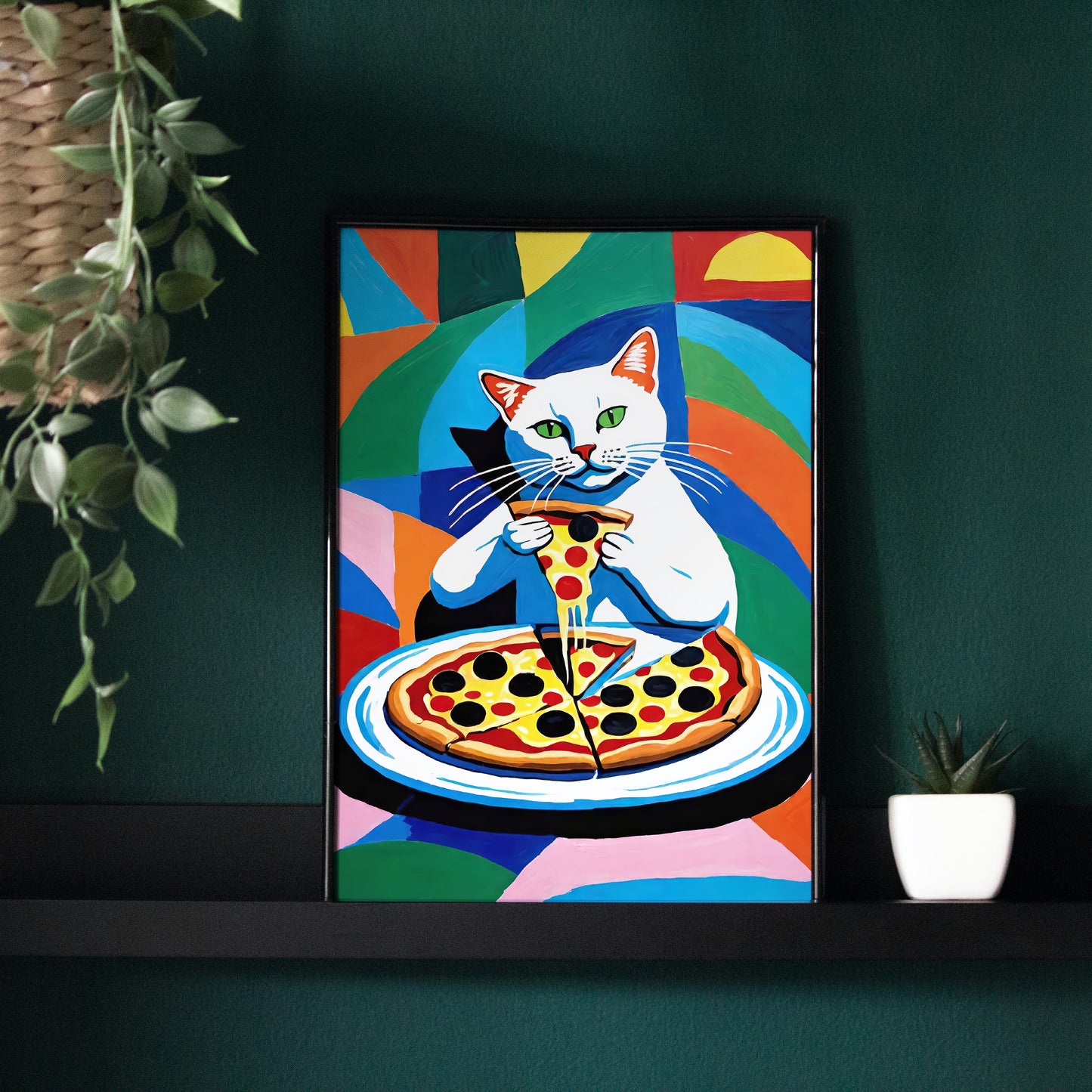 Colorful Cat Eating Pizza Poster