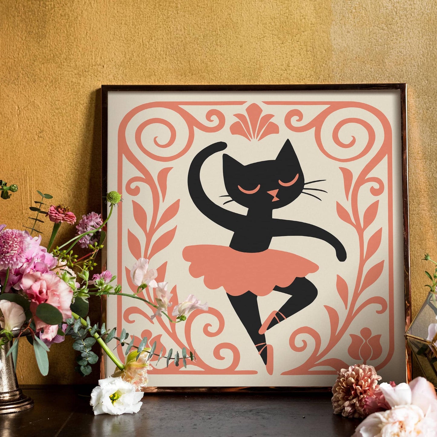 Cat Ballerina Art Print – Peach Tones, Square Wall Decor