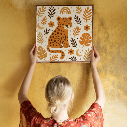 Boho Cheetah Poster - Square Floral Animal Wall Art