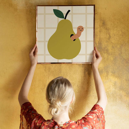 Green Pear with a Worm Poster – Square Art Print