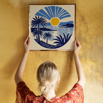 Tropical Scenery with Sunset Square Print