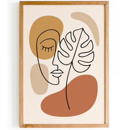 Boho Line Art Face and Monstera Art Print