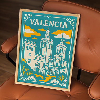 Valencia Spain Poster - Teal Yellow Cathedral Wall Art