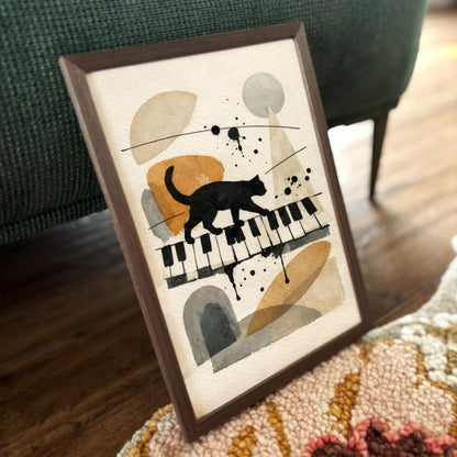 Black Cat on Piano Keyboard Art Print – Vintage Music Wall Art