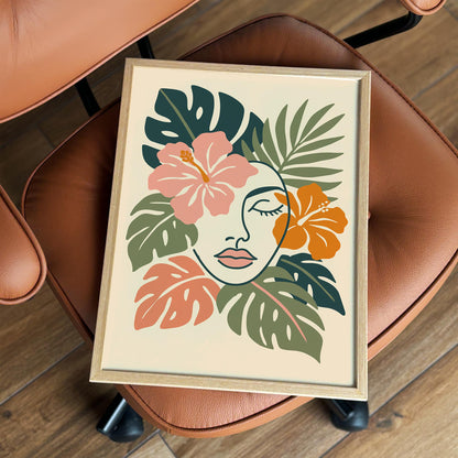 Line Art Woman Face in Tropical Leaves Poster