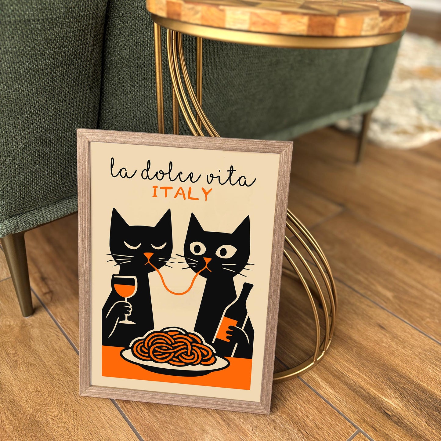 La Dolce Vita Poster - Two Funny Cat Eating Spaghetti Print