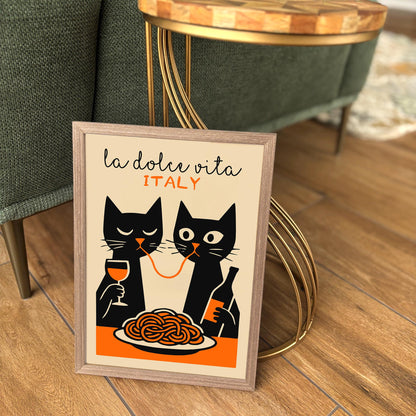 La Dolce Vita Poster - Two Funny Cat Eating Spaghetti Print