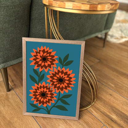 Retro Dahlia Flowers Poster, Colorful Nature Wall Art Print
