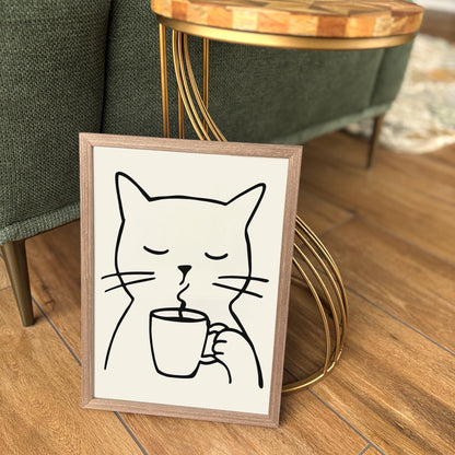 Line Art Cat with a Cup of Coffee Poster