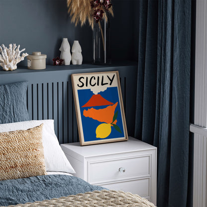Sicily Map Poster - Colorful Italy Etna Volcano Lemon Print