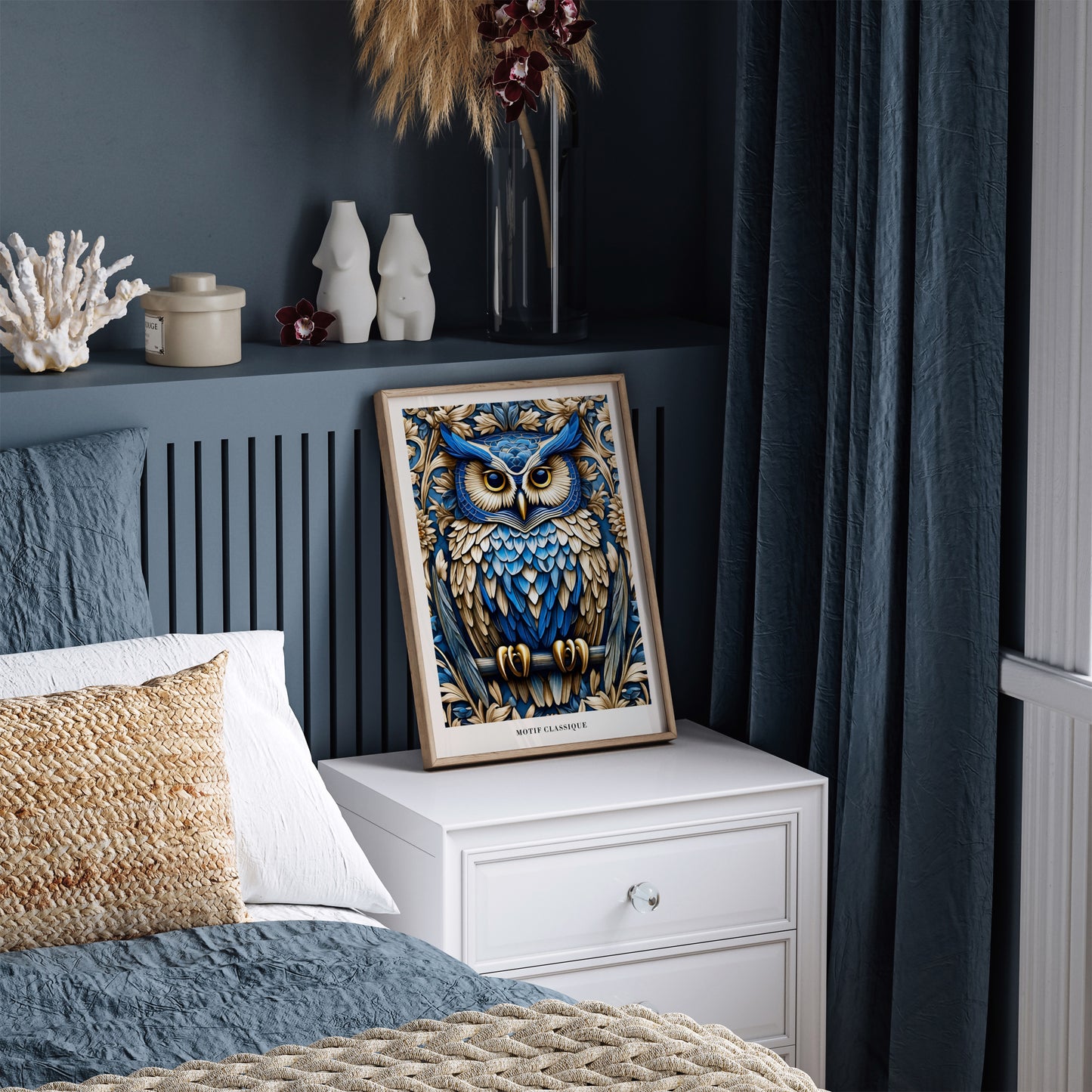 Blue Art Nouveau Owl Art Print