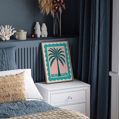 Palm Tree Pink Teal Poster - Retro Tropical Beach Wall Art