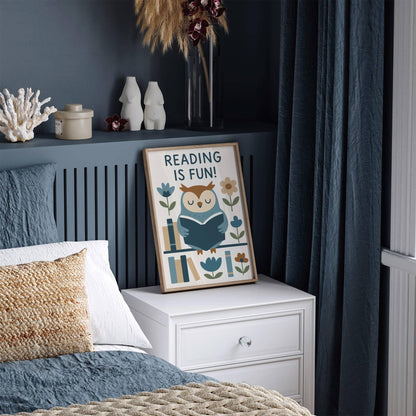 Reading is Fun! Poster - Blue Owl Art Print