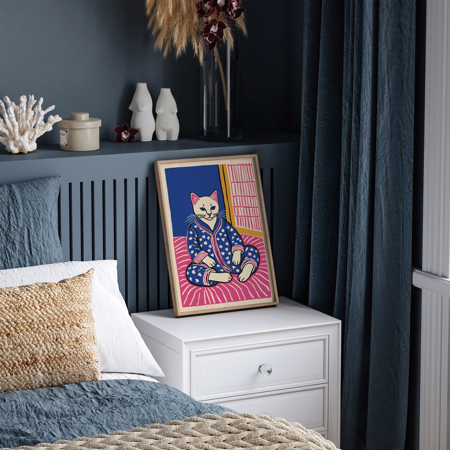 Cat in Pyjamas Bedroom Art Print