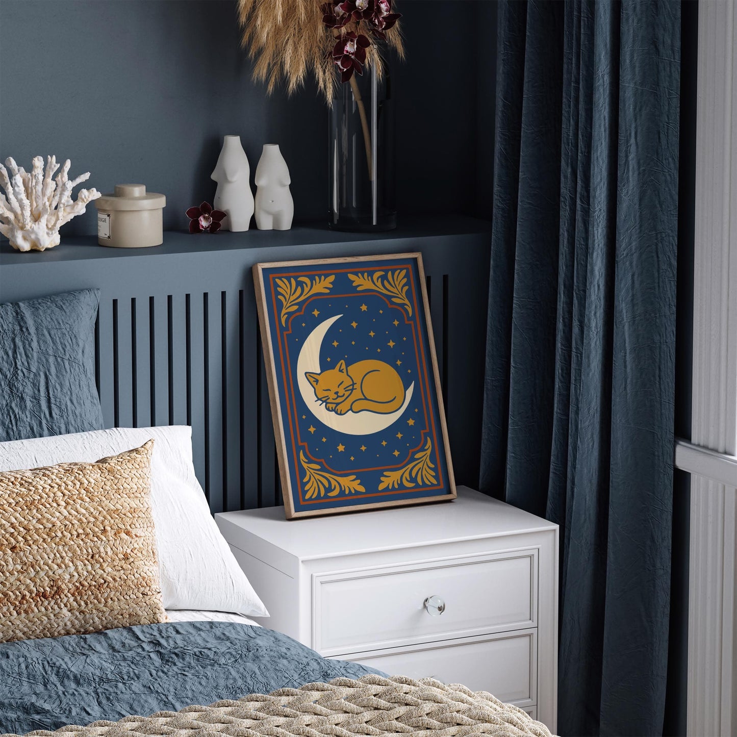 Sleeping Cat on the Moon Poster - Bedroom Wall Decor