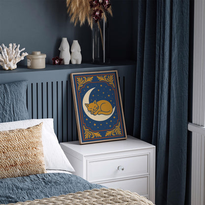 Sleeping Cat on the Moon Poster - Bedroom Wall Decor