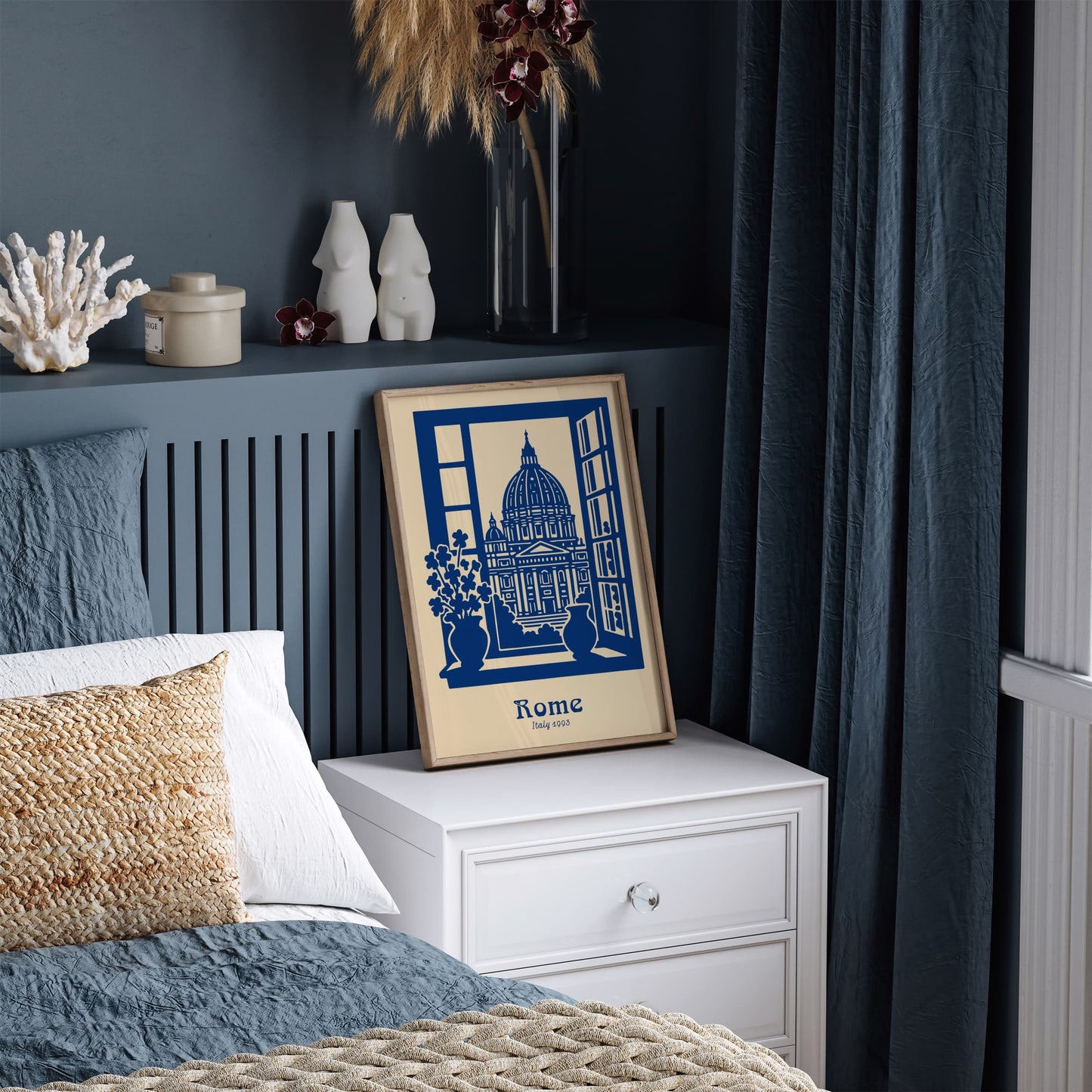 Rome Italy 1993 - Blue Linocut Style Wall Art Print