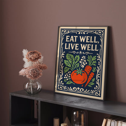 Eat Well, Live Well Poster - Farmhouse Kitchen Wall Art Print