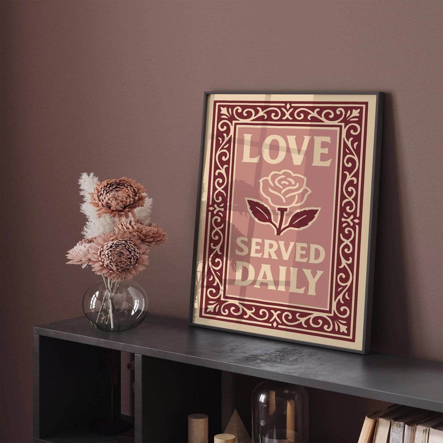 Love Served Daily Poster, Pink Quote Kitchen Print