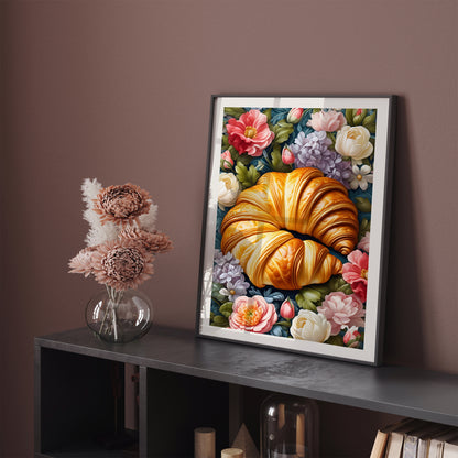 Croissant in Flowers Art Print Cafe Decor