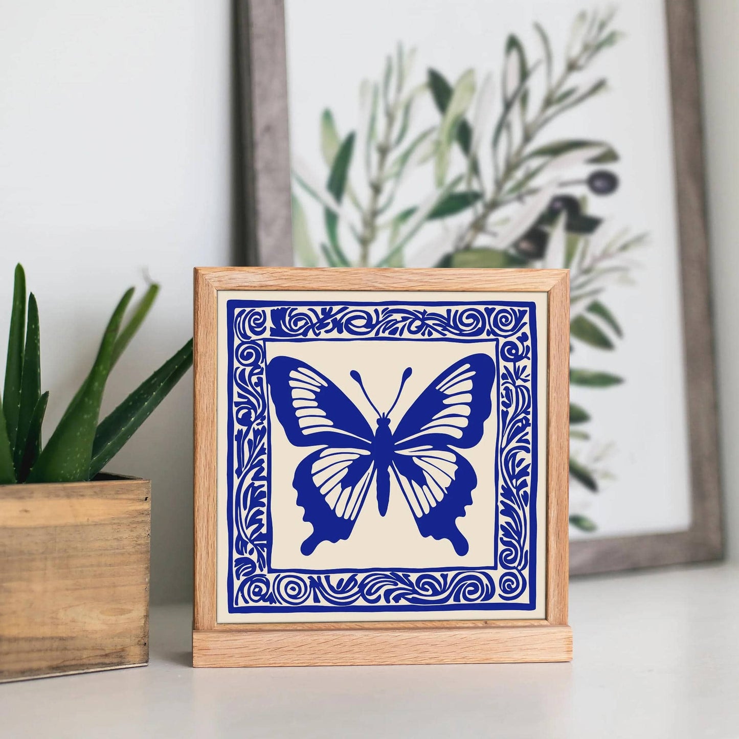 Blue Linocut Butterfly Art Print – Square Wall Decor