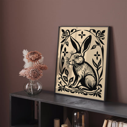 Black Rabbit Poster in Linocut Style