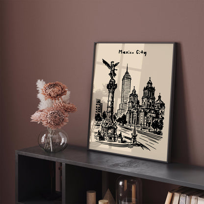 Mexico City Poster - Black Ink Sketch Art