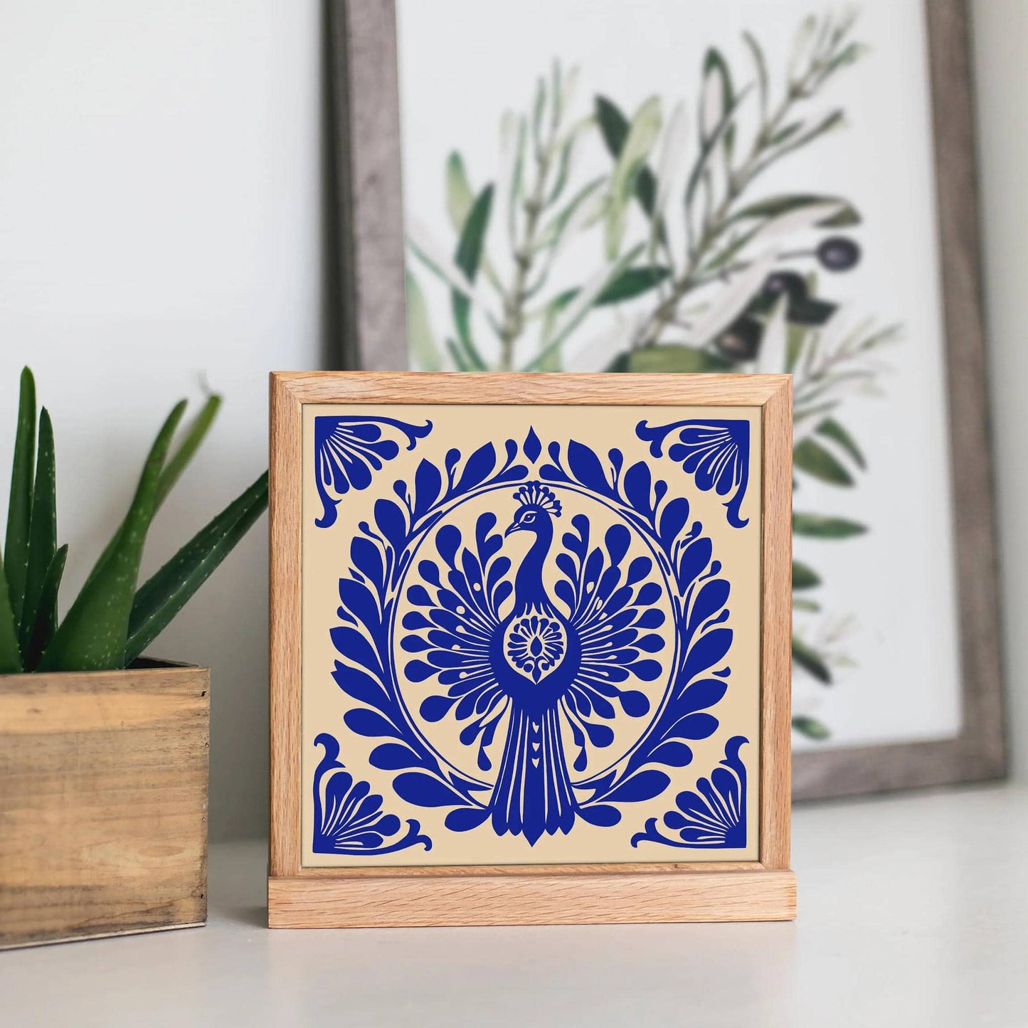 Blue Art Nouveau Peacock Bird Square Print