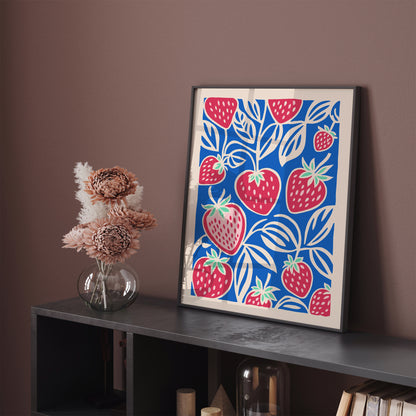 Blue Retro Strawberry Fruit Art Print