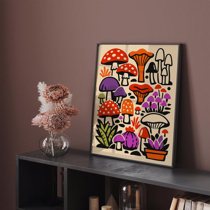 Colorful Eclectic Mushrooms Wall Art Print – Boho Botanical Fungi Poster