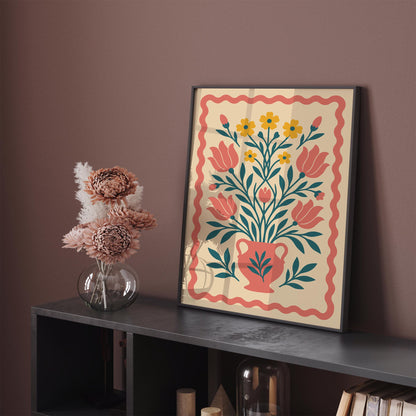 Boho Floral Vase Poster - Folk Botanical Print