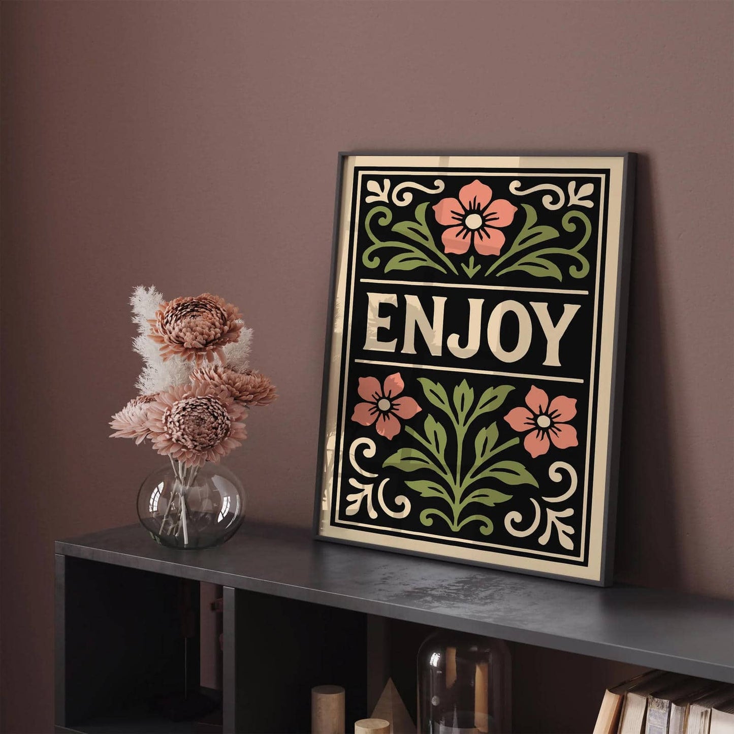 Enjoy Quote Poster, Black Rococo Floral Art Print