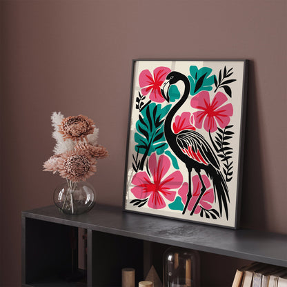 Tropical Black Flamingo Art Print – Bold Maximalist Floral Wall Decor