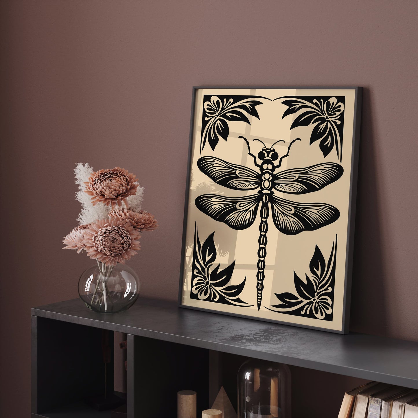 Rustic Black Dragonfly Illustration Print