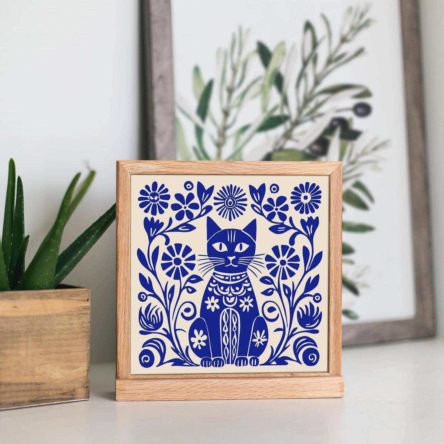 Blue Folk-Style Kitten Art Print – Square Wall Decor