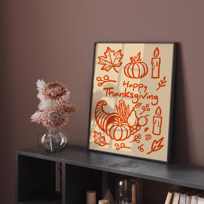 Happy Thanksgiving Wall Art Print – Orange Fall Holiday Decor