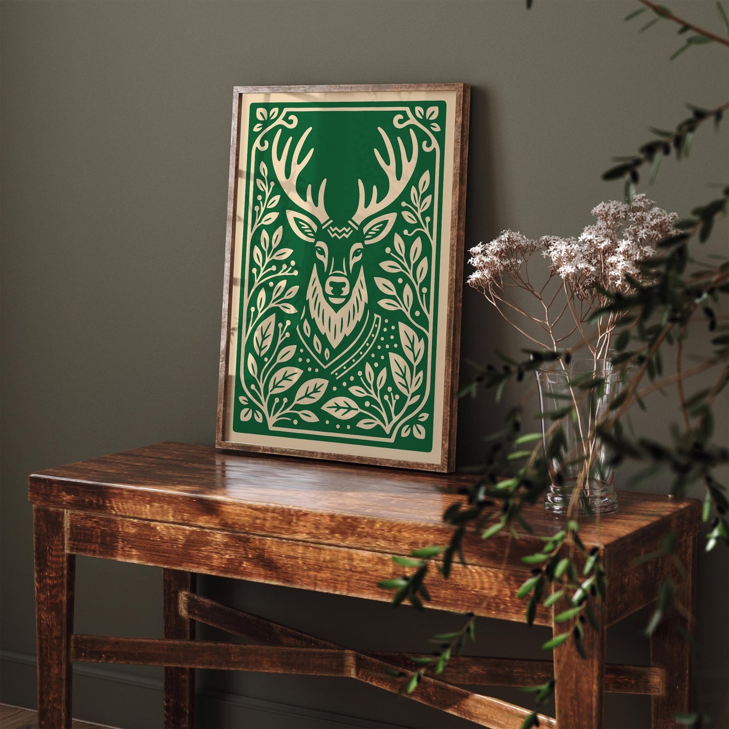Reindeer Christmas Poster - Green Holiday Wall Art