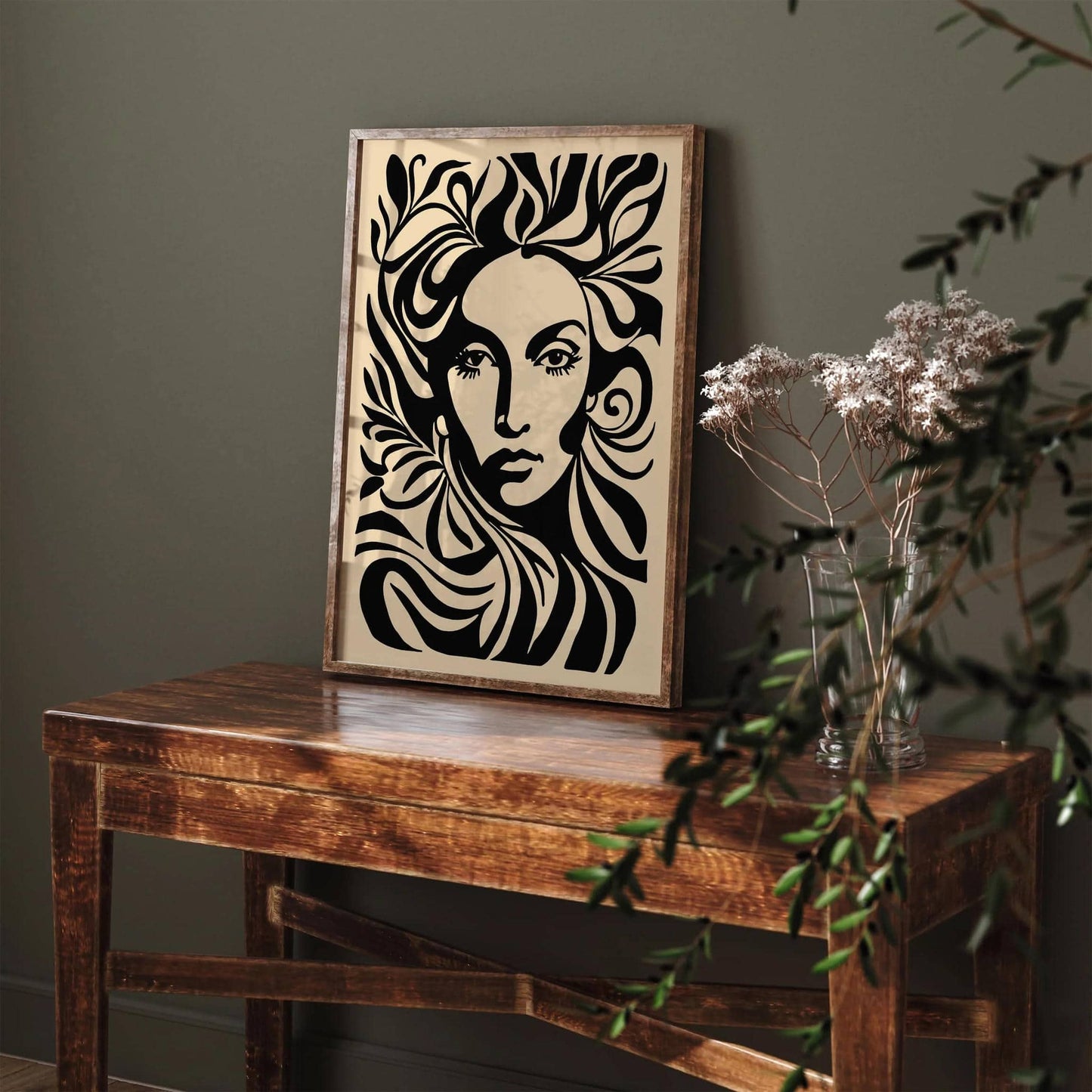 Black Ink Style Woman Face Portrait Art Print