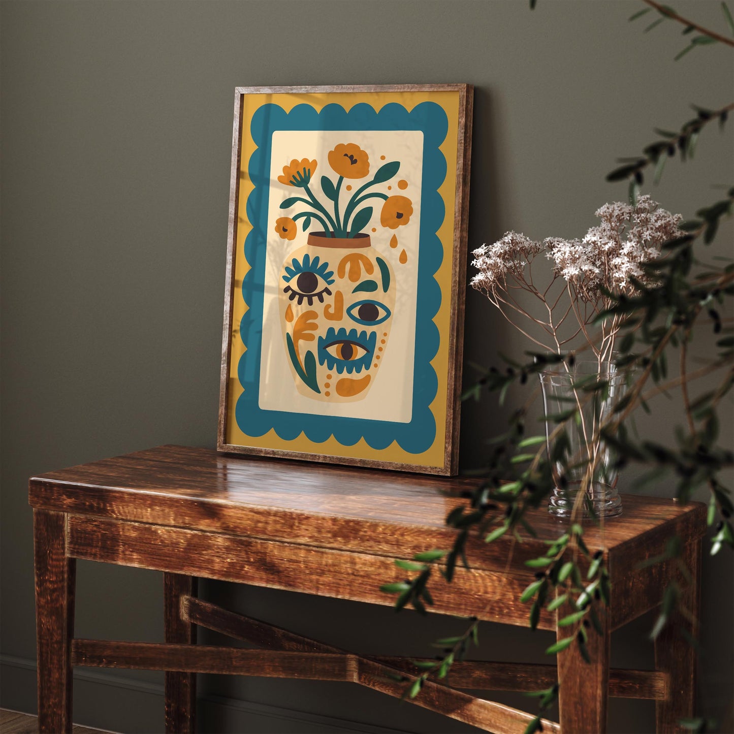 Boho Floral Vase with Eyes – Retro Wall Art
