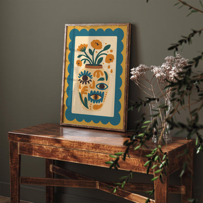 Boho Floral Vase with Eyes – Retro Wall Art