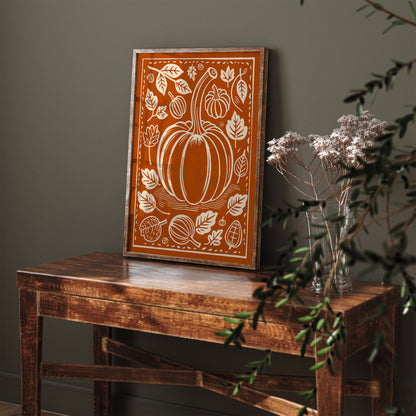 Burnt Orange Pumpkin Linocut Poster