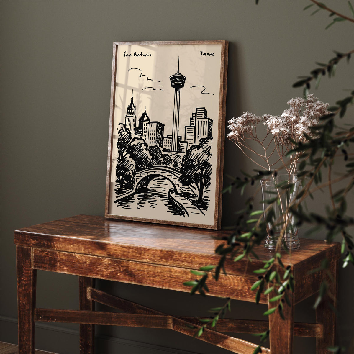 San Antonio Texas Black Ink Travel Poster