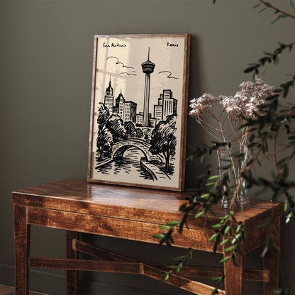 San Antonio Texas Black Ink Travel Poster
