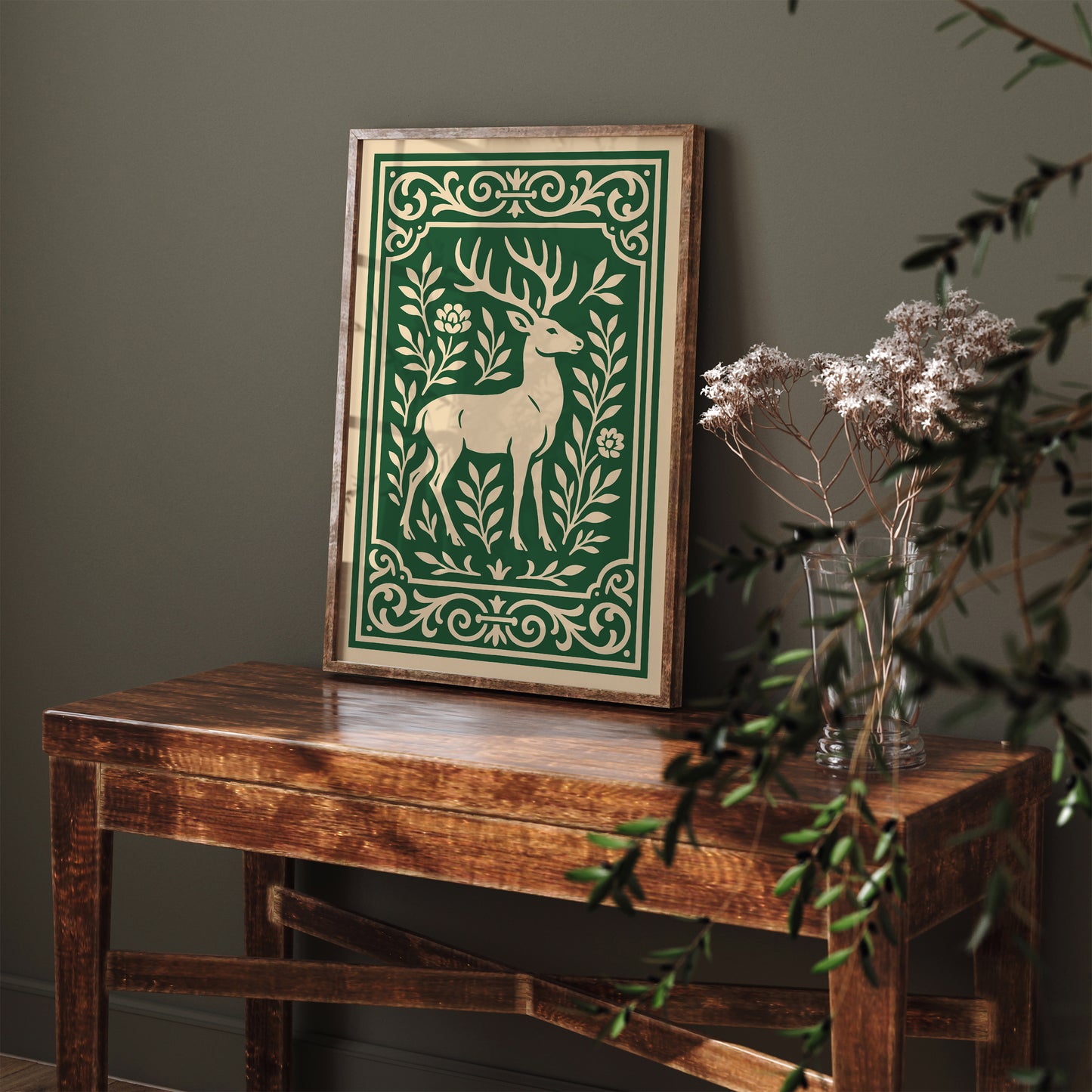 Green Linocut of Deer Poster