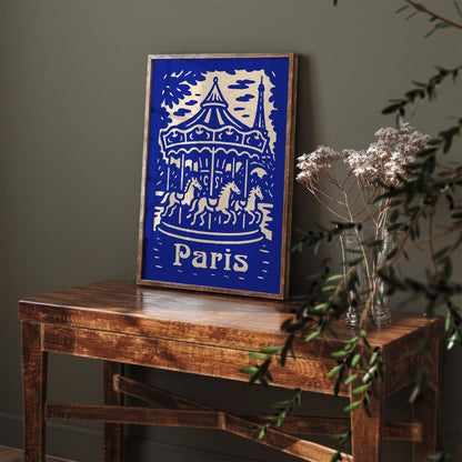 Paris Carousel Vintage Blue Poster