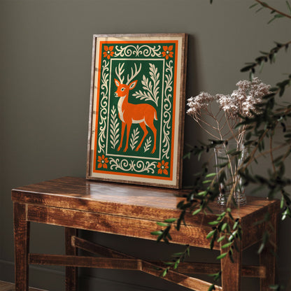 Rococo Deer Art Print - Green and Orange Nature Poster