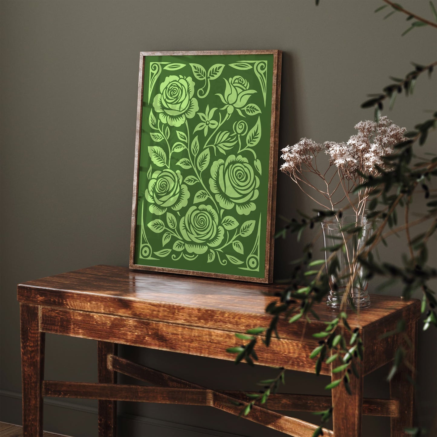 Lime Cream Roses Botanical Green Rococo Poster