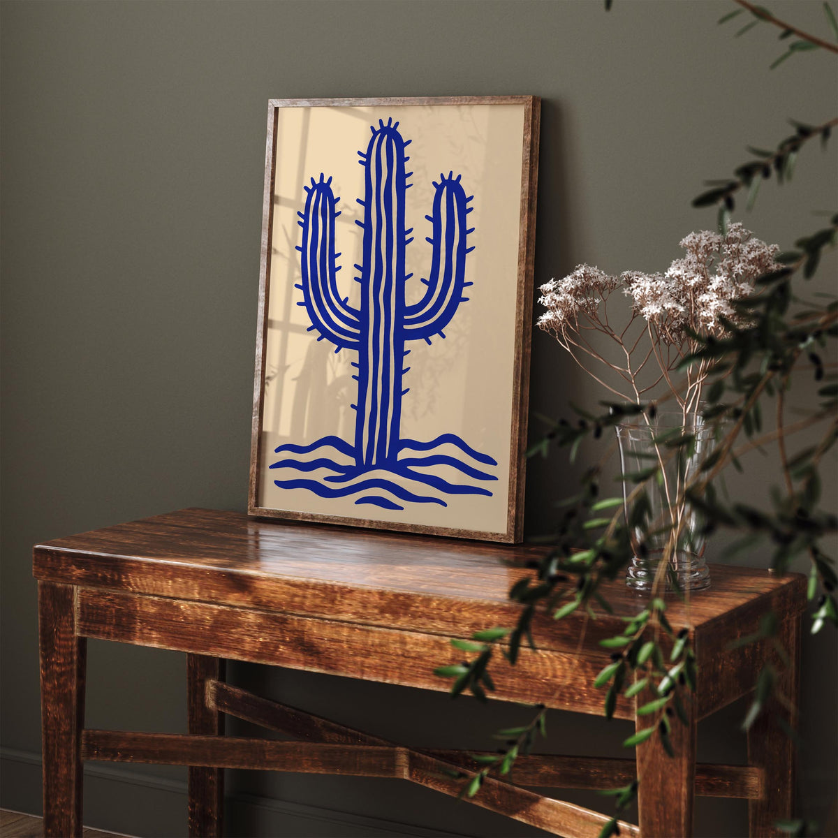Blue Wavy Abstract Cactus Art Poster