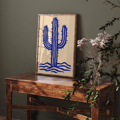 Blue Wavy Abstract Cactus Art Poster
