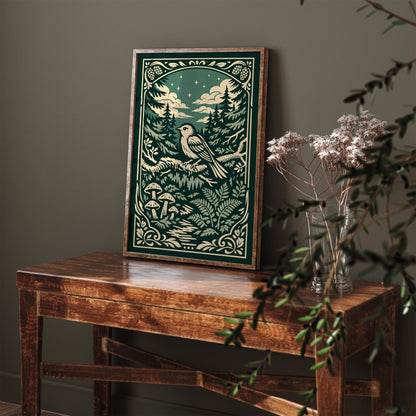 Night Forest Bird Art Poster